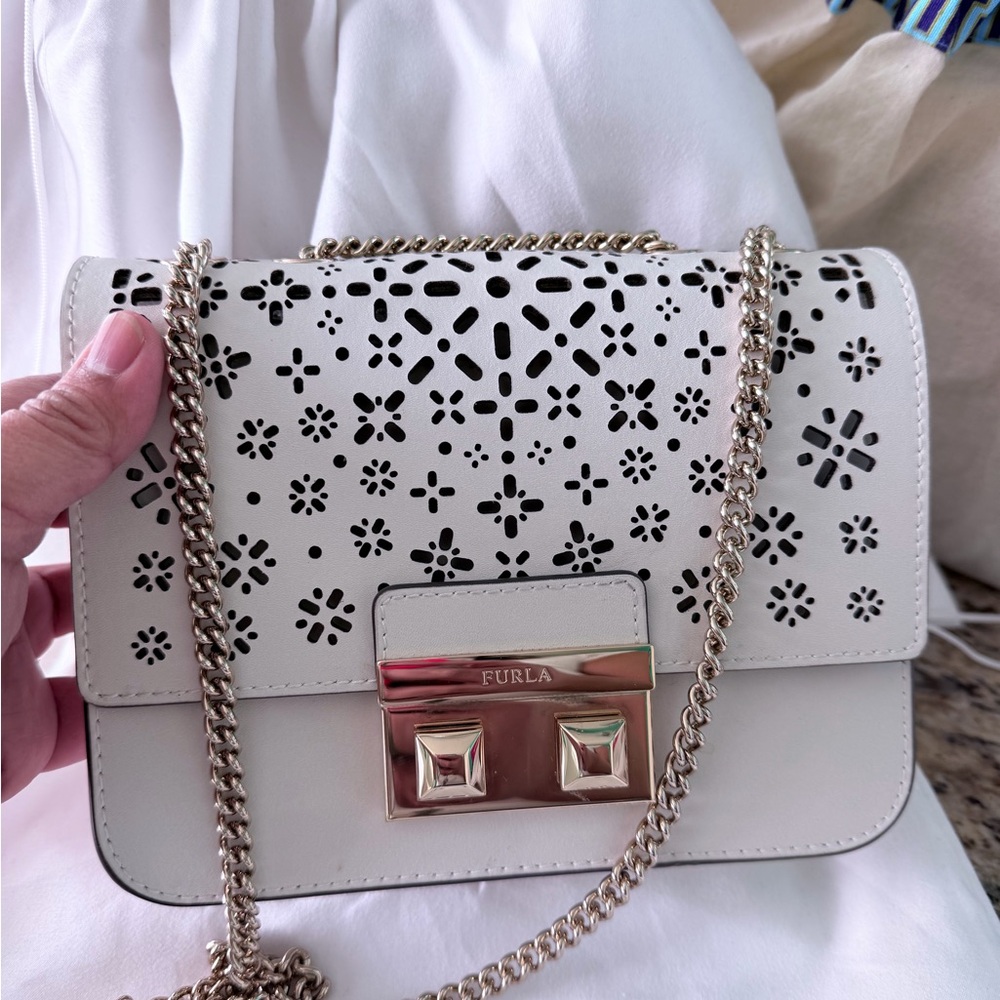 Furla Cream Cutout Crossbody Bag with Gold Chain